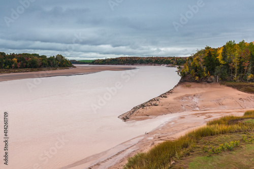 Canada, Nova Scotia, Green Oaks. Fundy Tidal Interpretive Area, elevated view of huge Bay of Fundy tides on the Shubenacadie River.