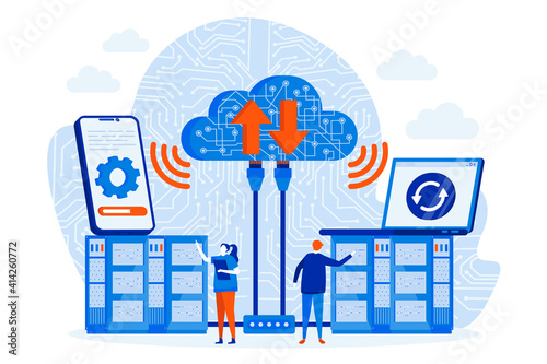 Data center web design concept with people characters. Server engineers work scene. Cloud data storage service composition in flat style. Vector illustration for social media promotional materials.