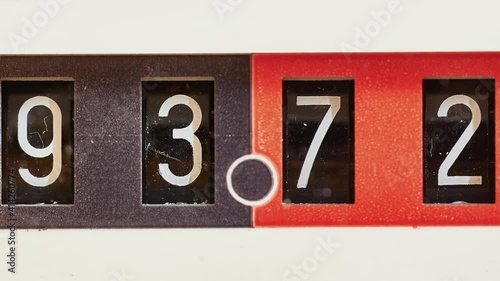 Gas station pump meter or natural gas heating consumption gas-meter digits, old analogue industrial design. Can be old car odomater as well photo