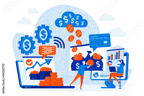 Virtual finance web design concept with people characters. Online financial maanagment scene. Internet banking composition in flat style. Vector illustration for social media promotional materials. © alexdndz