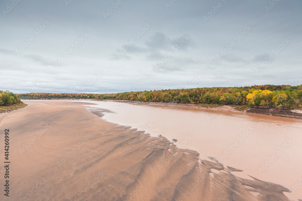 Canada, Nova Scotia, Green Oaks. Fundy Tidal Interpretive Area, elevated view of huge Bay of Fundy tides on the Shubenacadie River. Canada, Nova Scotia, Green Oaks. Fundy Tidal Interpretive Area, elevated view of huge Bay of Fundy tides on the Shubenacadie River.