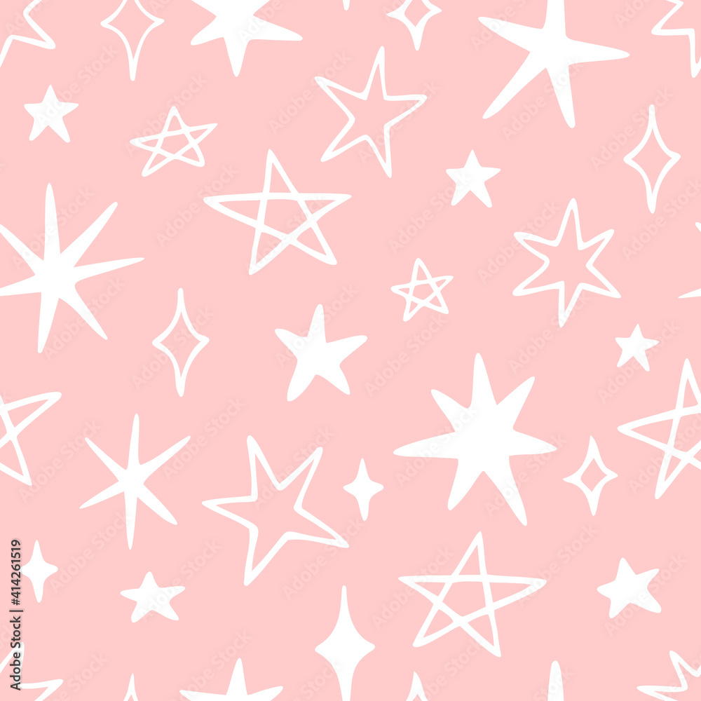 Vector seamless pattern with cute stars and sparkles. Hand drawn, doodle style. Design for fabric, wrapping, stationery, wallpaper, textile. Vector seamless pattern with cute stars and sparkles. Hand drawn, doodle style. Design for fabric, wrapping, stationery, wallpaper, textile.