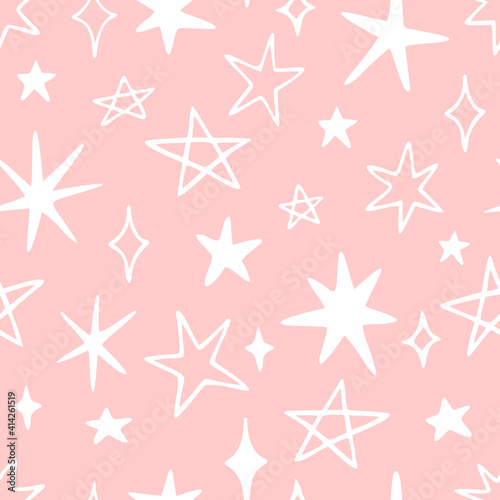 Vector seamless pattern with cute stars and sparkles. Hand drawn, doodle style. Design for fabric, wrapping, stationery, wallpaper, textile.