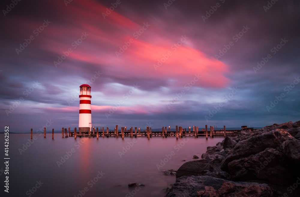 Lighthouse at Lake Neusiedl, Austria at Beautiful Pink Sunset