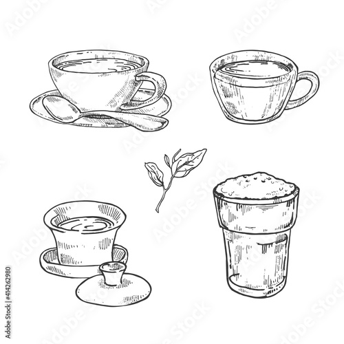 Hand drawn vector illustration of matcha, green tea cups, leaves. Isolated ceremony images for design, packaging, menu