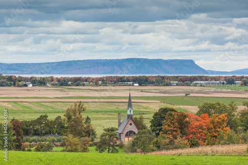 Canada, Nova Scotia, Annapolis Valley. Grand-Pre National Historic Site, site of the deportation of Canada's early French-Acadians by the English. Elevated view towards Cape Blomidon. photo