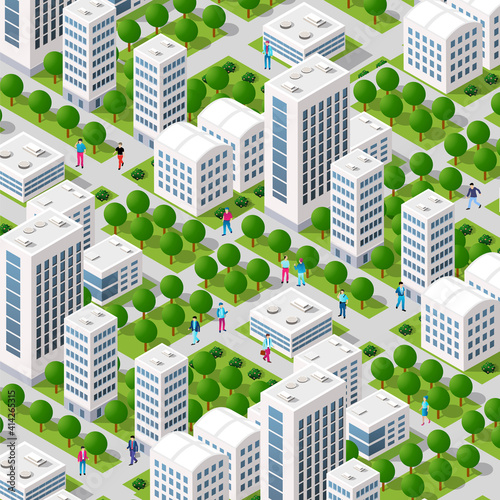 Isometric Street crossroads 3D illustration of the city quarter