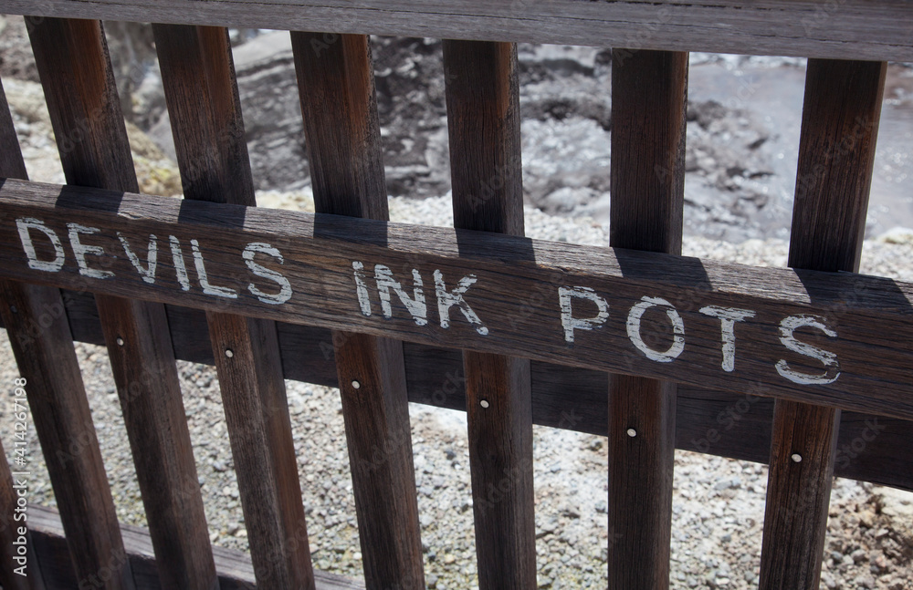 Devils Ink Pots sign in Wai-O-Tapu Thermal Wonderland in Rotorua, New Zealand. Devils Ink Pots sign in Wai-O-Tapu Thermal Wonderland in Rotorua, New Zealand.