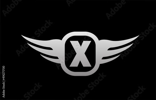 X alphabet letter logo for business and company with wings and black and white grey color. Corporate brading and lettering icon with simple design