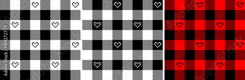 Gingham pattern set for Valientines Day with hearts in black, red, white. Seamless Scottish tartan vichy pixel check plaids for dress, tablecloth, gift wrapping, or other paper or textile print.