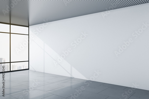 Modern minimalistic office room with city view  blank light grey wall and grey top and floor. Mockup. 3D rendering.