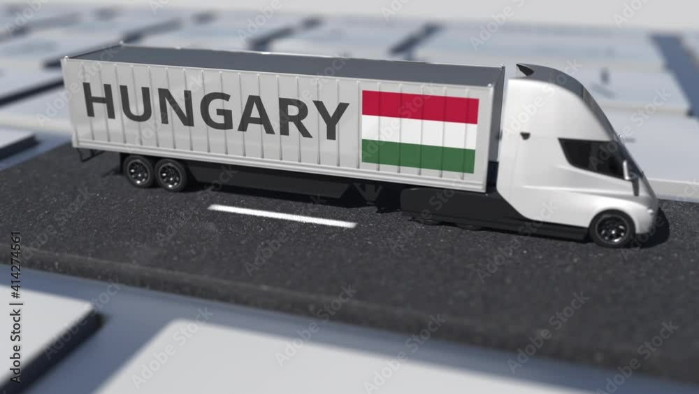 Flag of Hungary on moving truck and computer keyboard. International shipping related looping 3d animation Flag of Hungary on moving truck and computer keyboard. International shipping related looping 3d animation