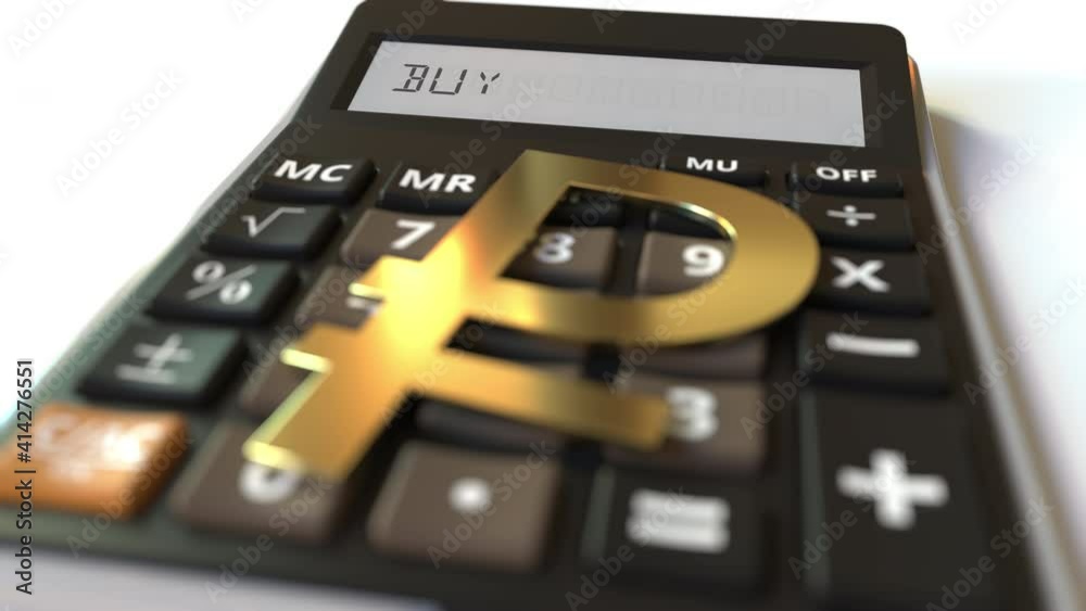 Ruble money symbol on the keys and BUY text on calculator display, conceptual 3d animation Ruble money symbol on the keys and BUY text on calculator display, conceptual 3d animation