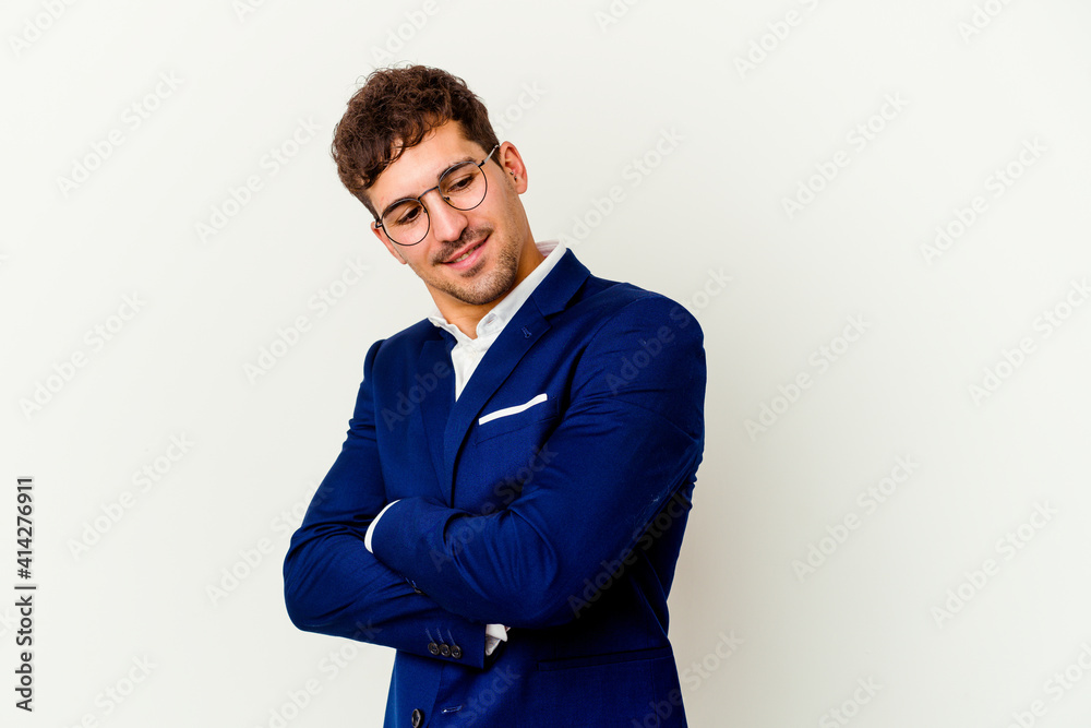 Young business caucasian man isolated on white background laughing and having fun. Young business caucasian man isolated on white background laughing and having fun.
