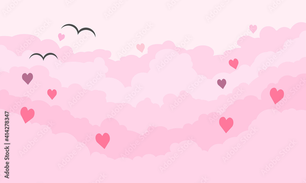Soft clouds in pink sky with hearts and birds, cloud love background, vector
