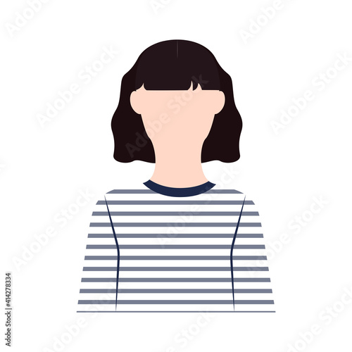 Caucasian girl icon Vector illustration in flat design French girl with curly bob hair in stripes shirt isolated on white background