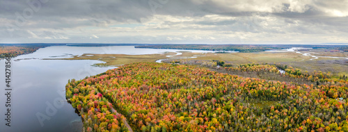 Bild auf Leinwand Autumn aerial view of Portage Lake  near Chassell in Michigan Upper Peninsula UP