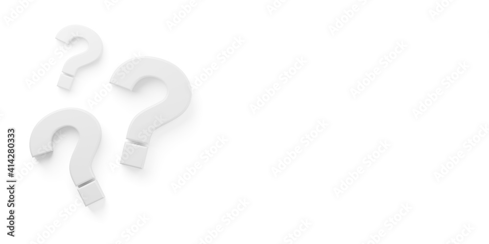 Three white question marks symbol on white floor flat lay top view from above with copy space, question, faq or brainstorming concept Three white question marks symbol on white floor flat lay top view from above with copy space, question, faq or brainstorming concept