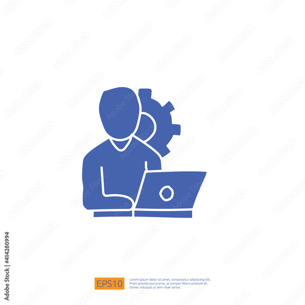 worker desk doodle icon concept with people and laptop sign symbol vector illustration