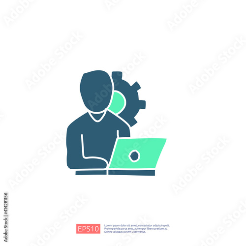 worker desk doodle icon concept with people and laptop sign symbol vector illustration