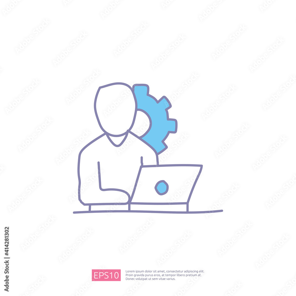 worker desk doodle icon concept with people and laptop sign symbol vector illustration