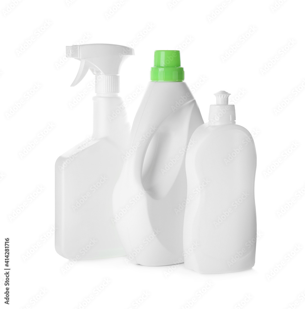 Bottles of different cleaning products on white background Bottles of different cleaning products on white background