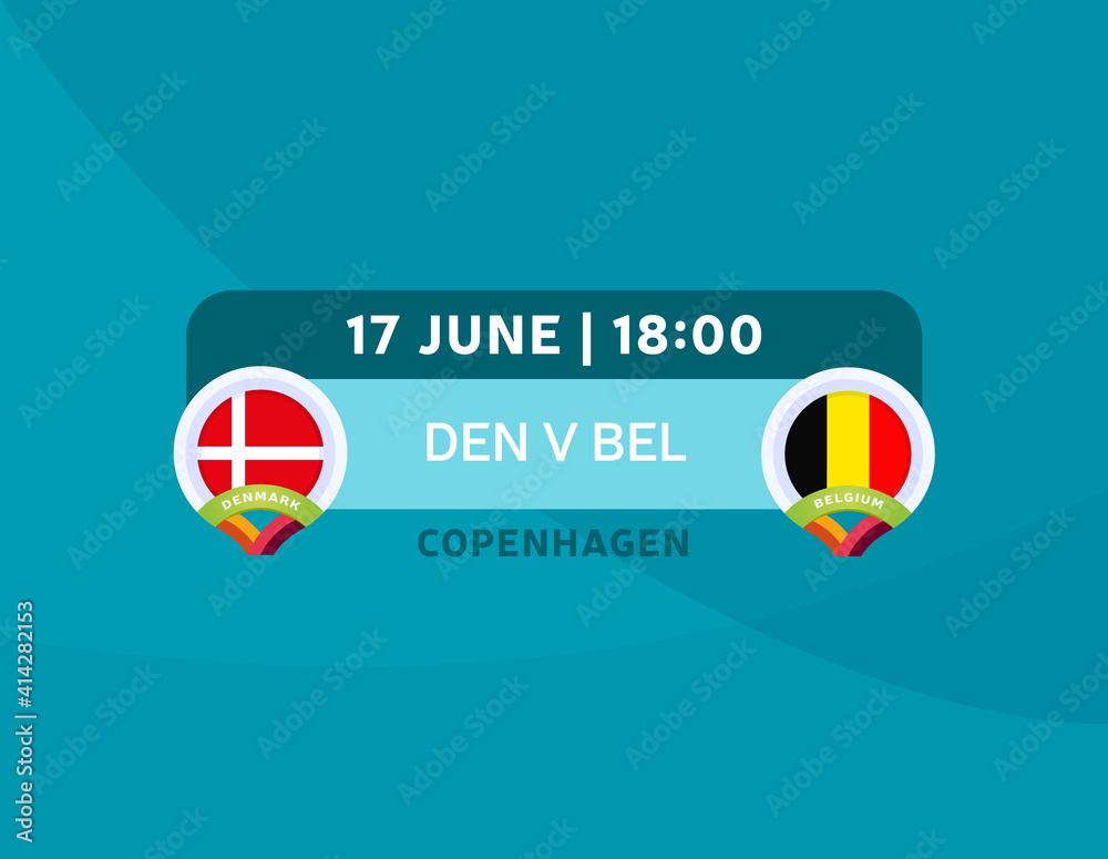 Denmark vs Belgium match. Football 2020 championship match versus teams intro sport background, championship competition final poster, flat style vector illustration. Denmark vs Belgium match. Football 2020 championship match versus teams intro sport background, championship competition final poster, flat style vector illustration.