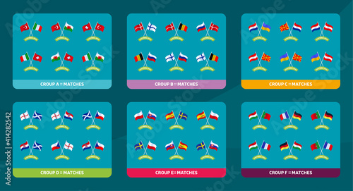 National wave flag Football 2020 tournament final stage groups vector stock illustration with matches schedule. 2020 European soccer tournament table with background. Vector country flags