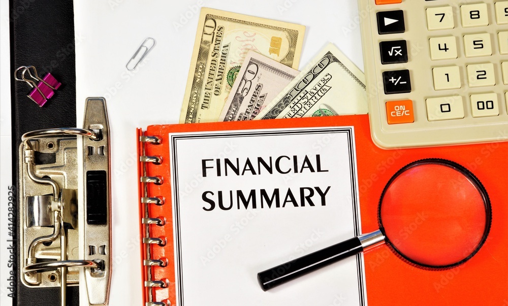Financial summary. The text label in the form on the folder. Research of the accounting strategy of the enterprise and its expertise.