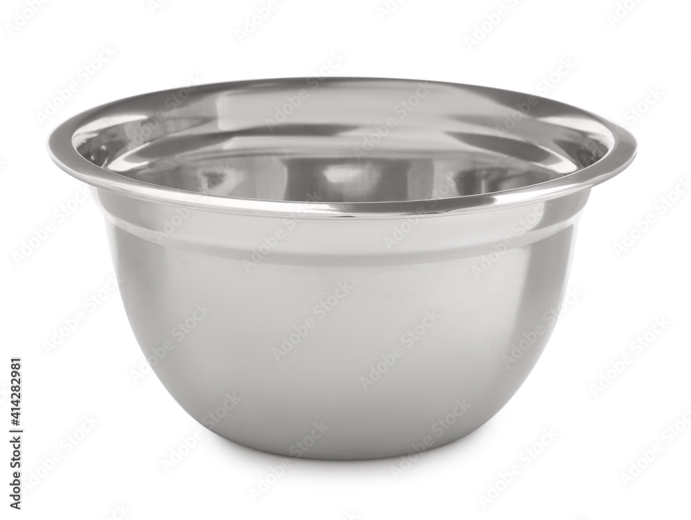 Empty clean metal bowl isolated on white Empty clean metal bowl isolated on white