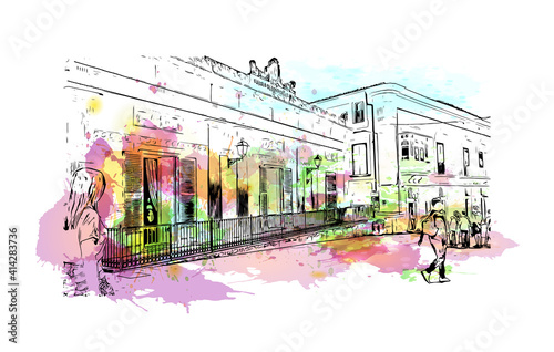 Building view with landmark of Sicily is the largest island in the Italy. Watercolour splash with hand drawn sketch illustration in vector.