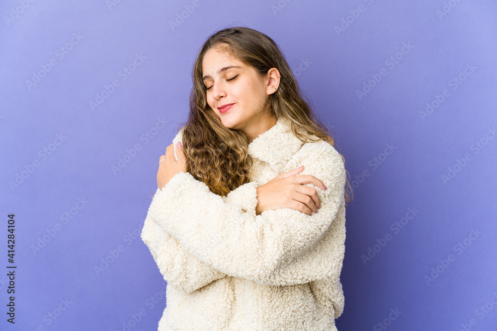 Young caucasian cute woman hugs, smiling carefree and happy. Young caucasian cute woman hugs, smiling carefree and happy.