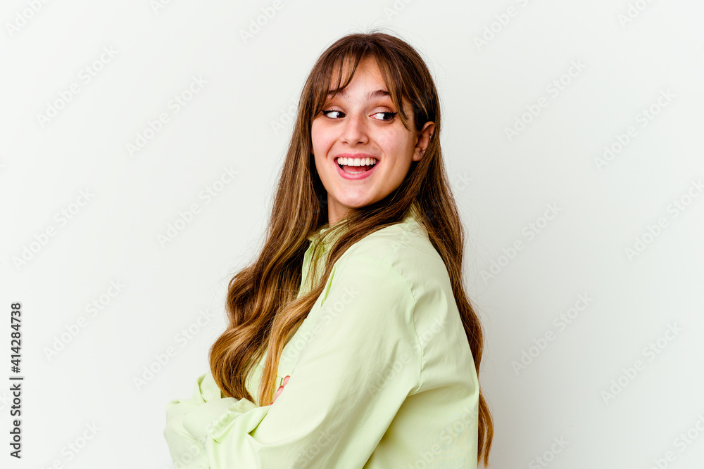 Young caucasian cute woman isolated on white background laughing and having fun. Young caucasian cute woman isolated on white background laughing and having fun.