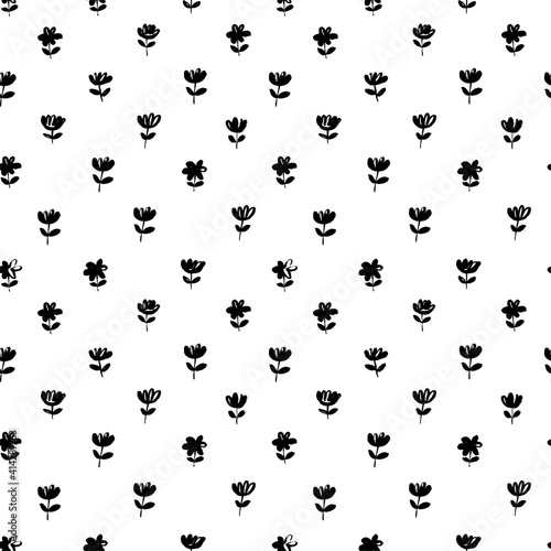 Brush black freehand leaves and flowers vector seamless pattern. Hand drawn black paint ink illustration with abstract floral motif. Hand drawn painting for your fabric, wrapping paper, wallpaper