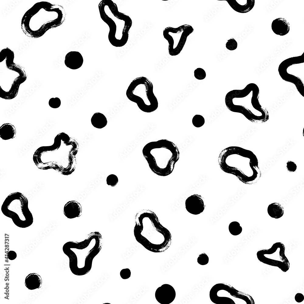 Hand drawn fluid shapes and dots seamless pattern. Black vector ink illustration. Wave grunge circles, liquid shapes in Memphis style. Organic and bio ornament, hand painted abstract texture