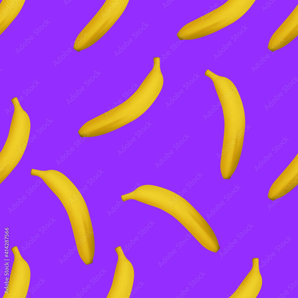 Banana seamless pattern in pop art style Ripe yellow bananas on light purple background