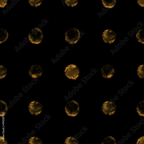Dark gold seamless pattern in hand-drawn style Different brush spots with gold paint on black background