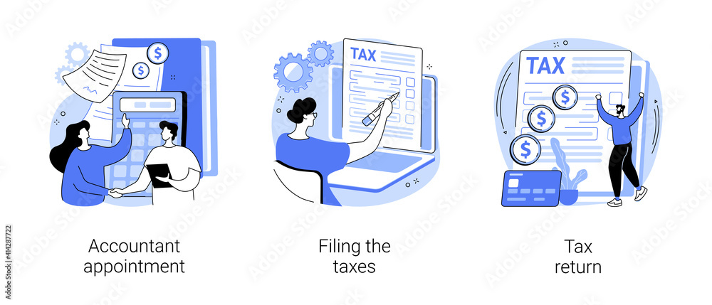 Tax agent service abstract concept vector illustration set. Accountant appointment, filing the taxes, money refund, income statement and financial audit, e-file online software abstract metaphor.