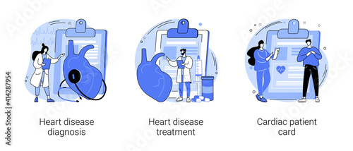 Cardiovascular illness abstract concept vector illustration set. Heart disease diagnosis and treatment, cardiac patient card, heartbeat rate and chest pain, stress test, hospital abstract metaphor.