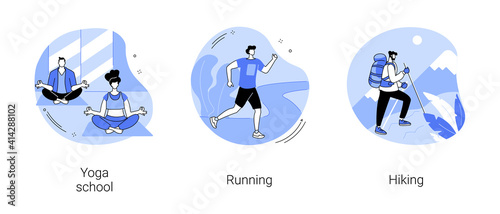 Sports lifestyle abstract concept vector illustration set. Yoga school, running and hiking, fitness studio, meditation practice, morning jogging, mountain climbing, trekking trail abstract metaphor.