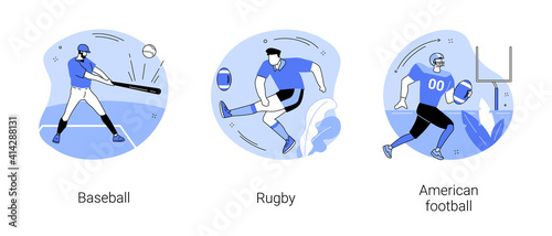 Team sport abstract concept vector illustration set. Baseball, rugby and american football, playing game, touchdown, sports betting, match ball, world cup, training field, uniform abstract metaphor.