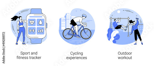 Active lifestyle abstract concept vector illustration set. Sport and fitness tracker, cycling experiences, outdoor workout, bike ride, street gym, exercise program, health monitor abstract metaphor.