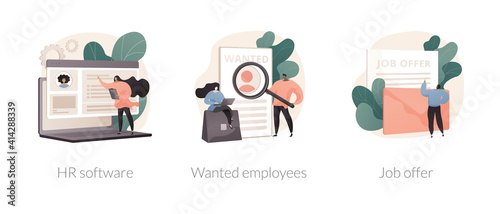 Human resources technology abstract concept vector illustration set. HR software, wanted employees, job offer, working time tracker, we are hiring, staff wanted, permanent contract abstract metaphor.