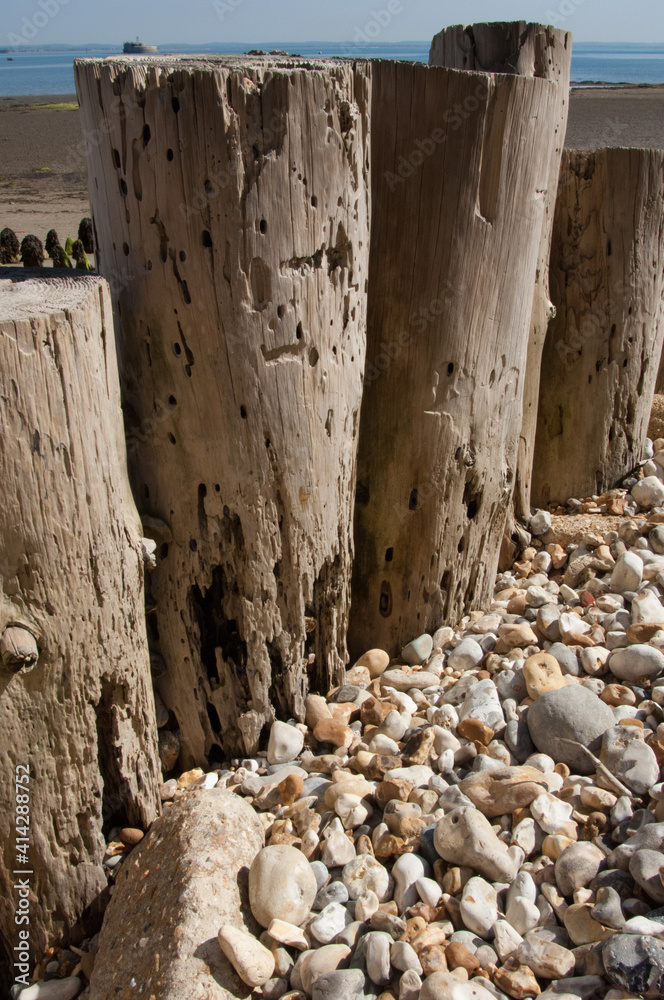 Fototapeta premium Wooden sea groynes isle of wight close up pebbles