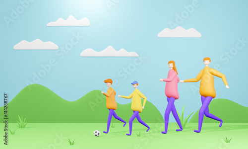 Happy family outdoors spending time together. Father, mother and 2 sons are having fun and playing football, Family relationship, 3D cartoon