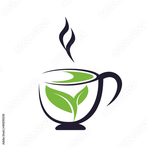 Fresh Green tea logo design template.   green Tea cup and leafs logo vector design.