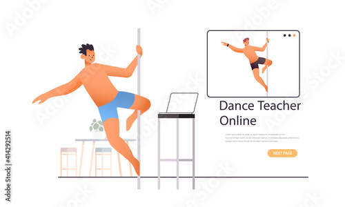 pole dance man doing dancing exercises on pilon with dance teacher in web browser window online workout concept isolated full length horizontal vector illustration