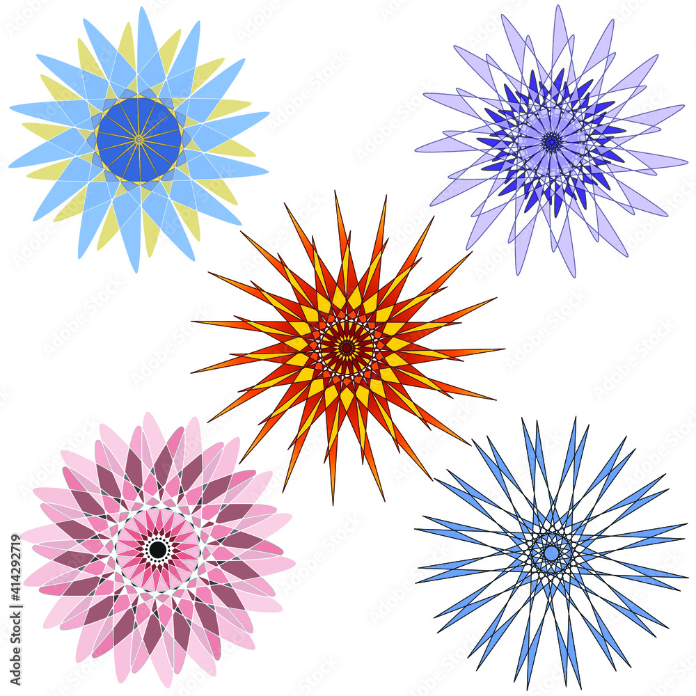 Combo pack of 5 colorful geometric star shapes on a white background Combo pack of 5 colorful geometric star shapes on a white background