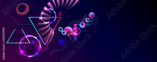 Dark retro futuristic cyberpunk elements abstraction background cosmos synthwave vaporwave retrowave glitch circle with blue and pink glows