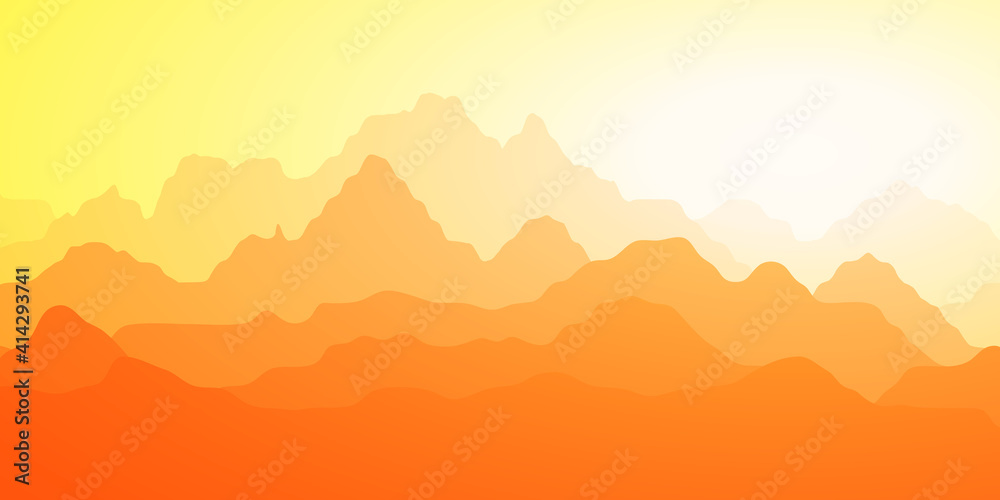 Fantasy on the theme of the morning landscape. Sunrise in the mountains, panoramic view, vector illustration